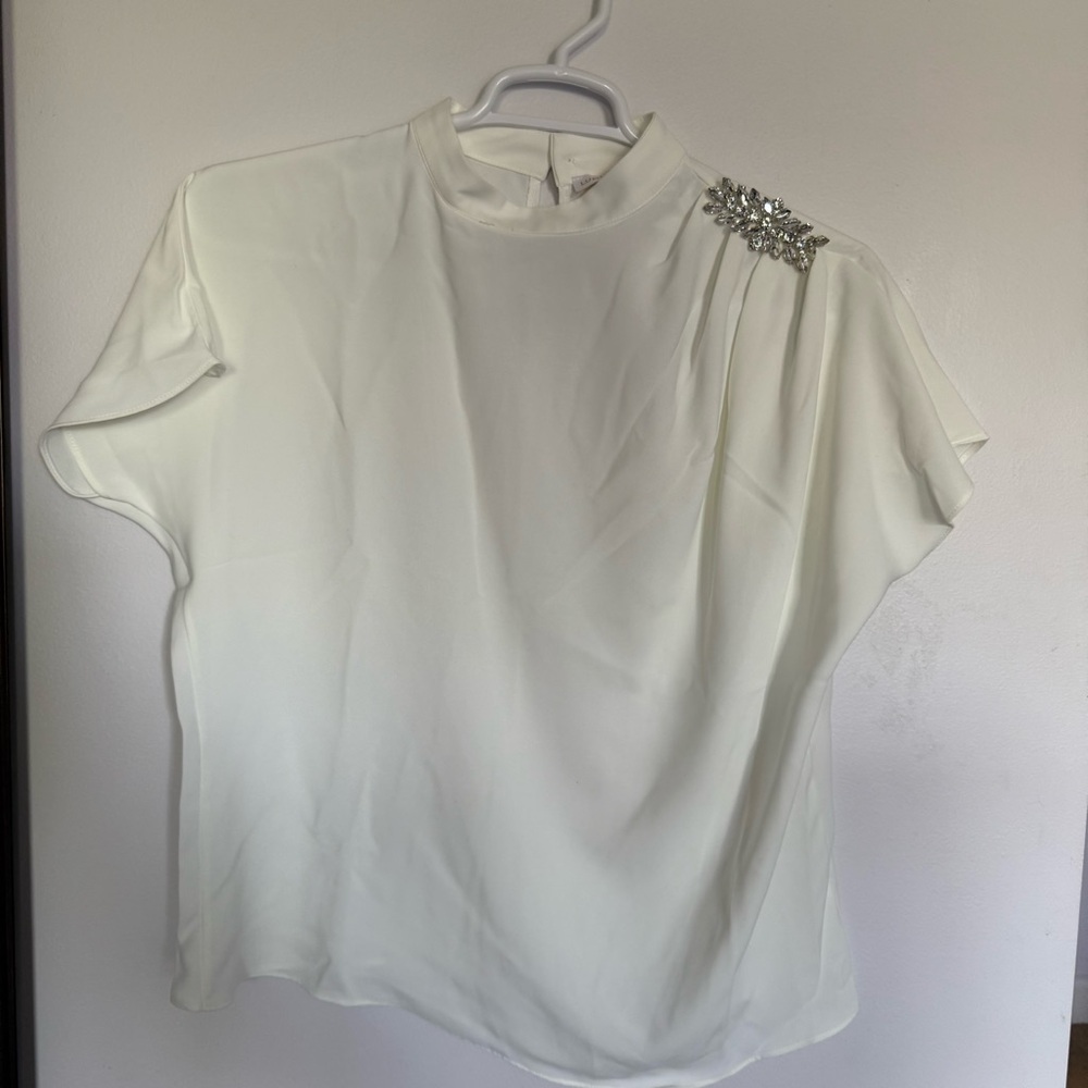Cream Embellished Short Sleeve Blouse with Mandarin Collar